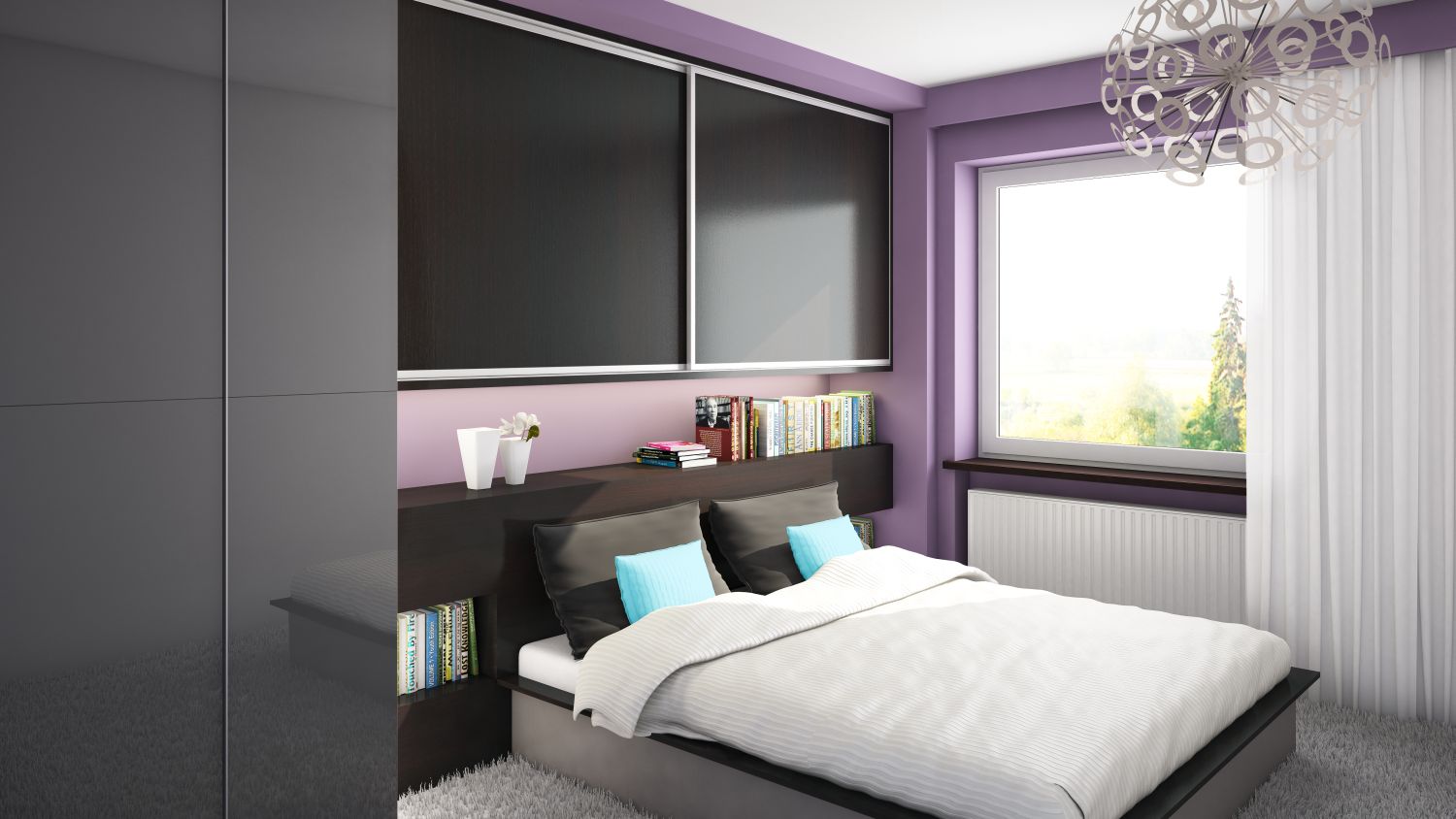 Fialová ložnice s praktickou vestavěnou skříní - Komandor – výrobce vestavěných skříní a kvalitního nábytku na míru