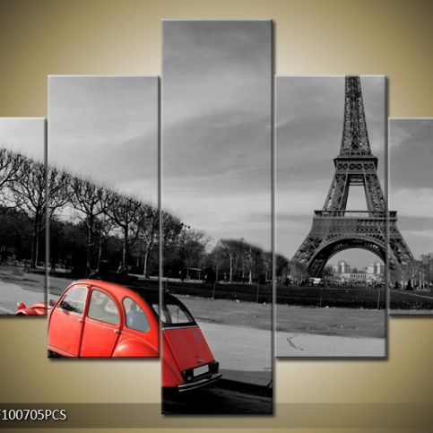Vícedílný obraz Eiffelova věž černobílá a auto 100x70 cm - LEDobrazy.cz
