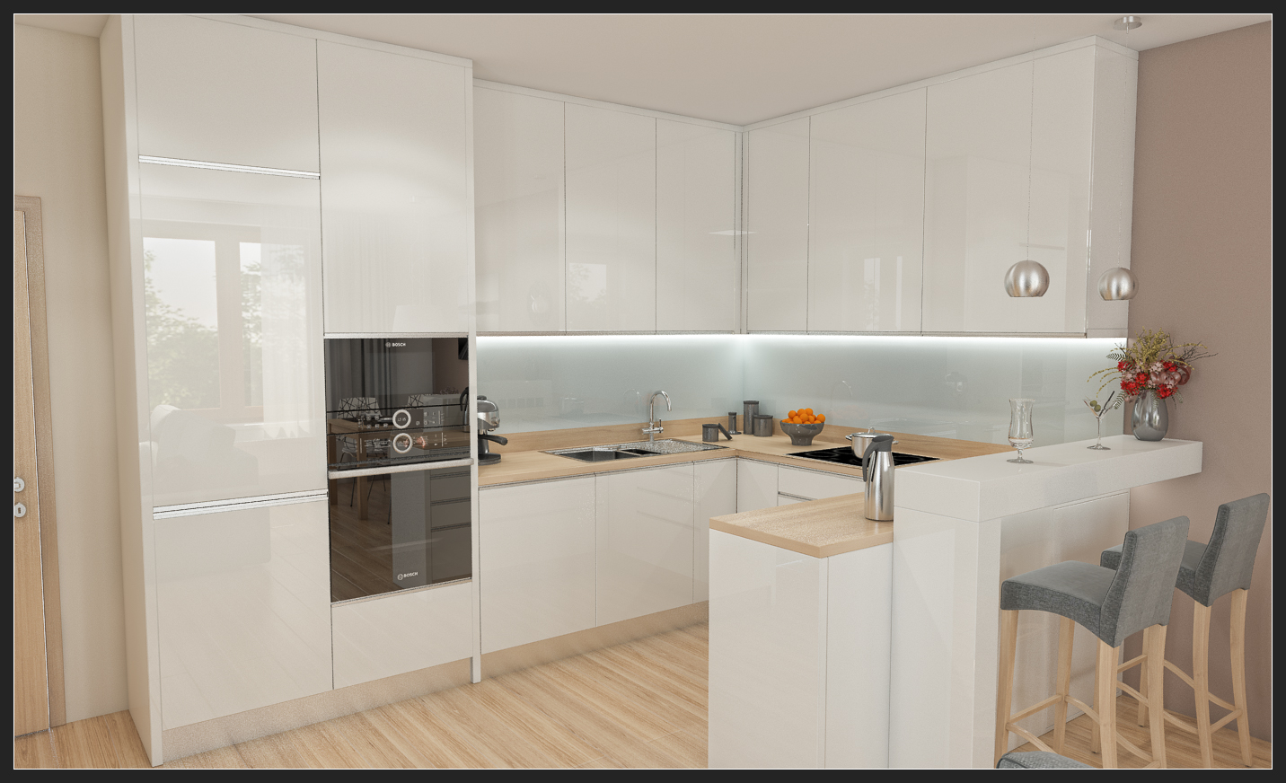 Moderní bílá kuchyň bez úchytek - TIDE interiery