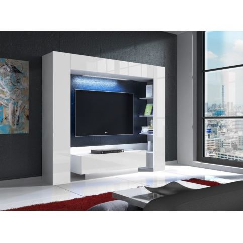 Luxusní TV a media stěna, bílá / bílý extra vysoký lesk s LED osvětlením, MONTEREJ - maxi-postele.cz