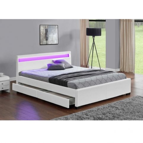 Manželská postel s úložným prostorem, RGB LED osvětlení, bílá ekokůže, 160x200, CLARETA - maxi-postele.cz