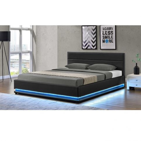 Manželská postel s RGB LED osvětlením, černá, 180x200, BIRGET - maxi-postele.cz