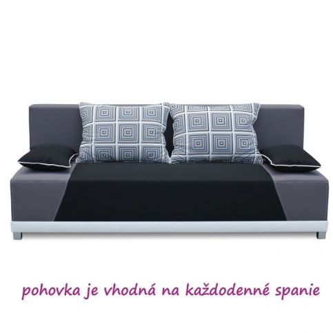 Pohovka, rozkládací s úložným prostorem, látka černá / šedá / polštáře šedý vzor, ROKAR - maxi-postele.cz