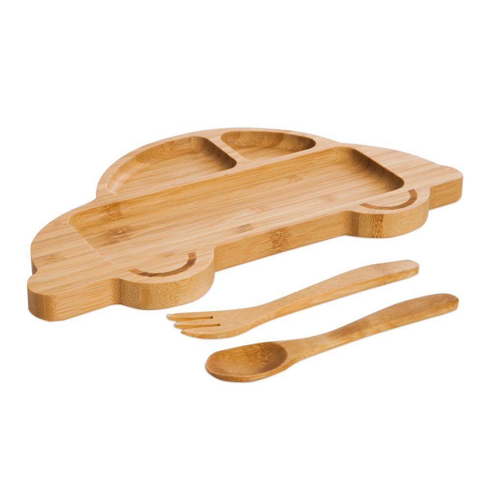 Set dětského talíře ve tvaru auta a příborů z bambusového dřeva Bambum - Bonami.cz