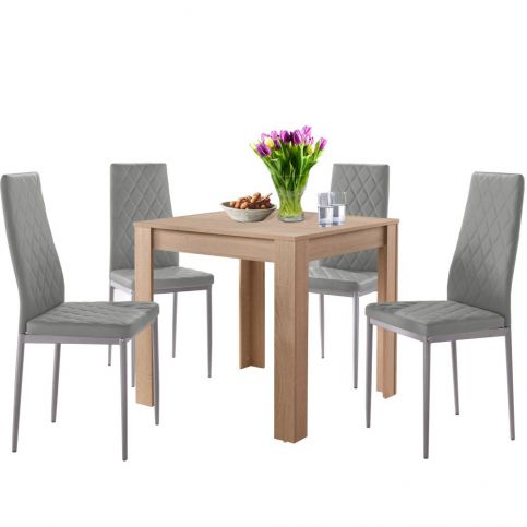 Set jídelního stolu v dubovém dekoru a 4 šedých jídelních židlí Støraa Lori and Barak, 80 x 80 cm - Bonami.cz