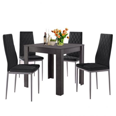 Set jídelního stolu v betonovém dekoru a 4 černých jídelních židlí Støraa Lori and Barak, 80 x 80 cm - Bonami.cz