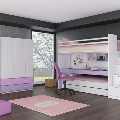 Dětský pokoj s patrovou postelí pro 3 holky Flexi - pink - Patrová postel - pouze horní postel: 213x - Nábytek aldo - NE