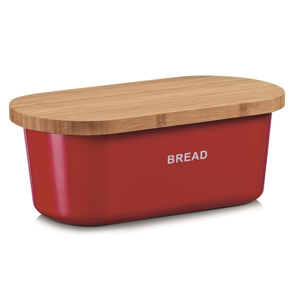 Kovový kontejner na chleba BREAD,  2v1 bambusové prkénko - červená barva, ZELLER - EMAKO.CZ s.r.o.