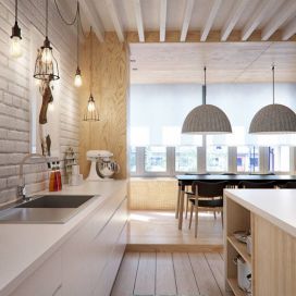 Skandinávská kuchyň s bílou cihlovou zdí