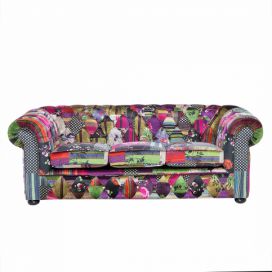 Prošívaná patchwork fialová čalouněná sedačka CHESTERFIELD