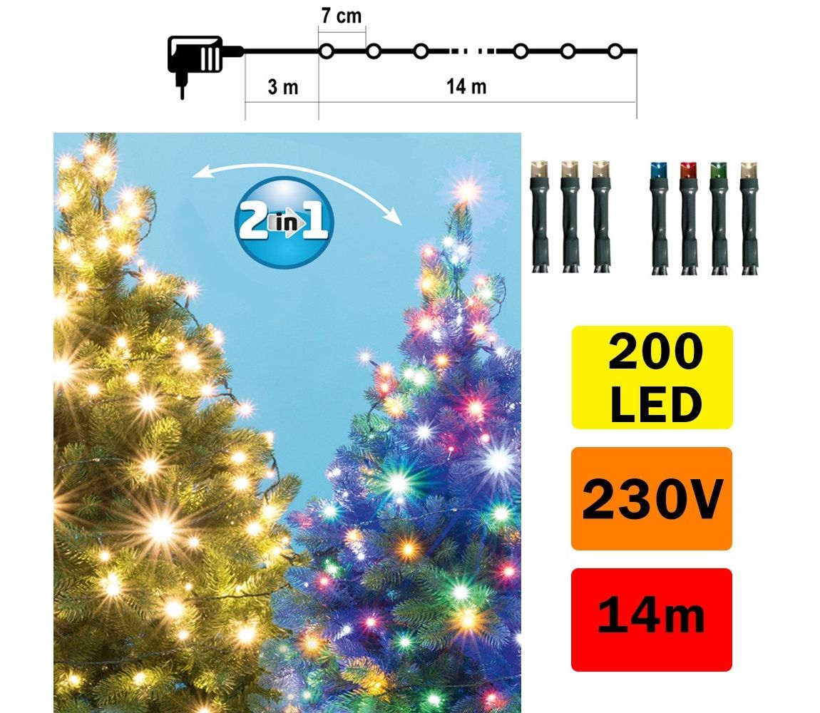  LED Vánoční řetěz venkovní 200xLED/5 funkcí 17m IP44 teplá bílá/multicolor  -  Svět-svítidel.cz