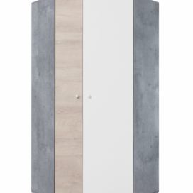 Rohová šatní skříň Omega - bílá/dub/beton