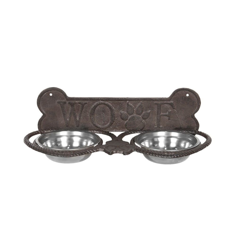 Misky pro psa ve stojanu s kostí a nápisem Woof - 39*18*12 cm Clayre & Eef - LaHome - vintage dekorace