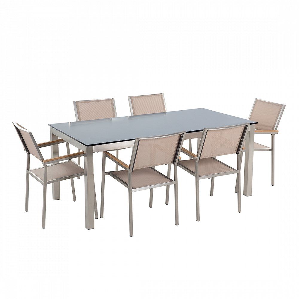 Sada zahradního nábytku stůl se skleněnou deskou 180 x 90 cm 6 béžová židle GROSSETO - Beliani.cz