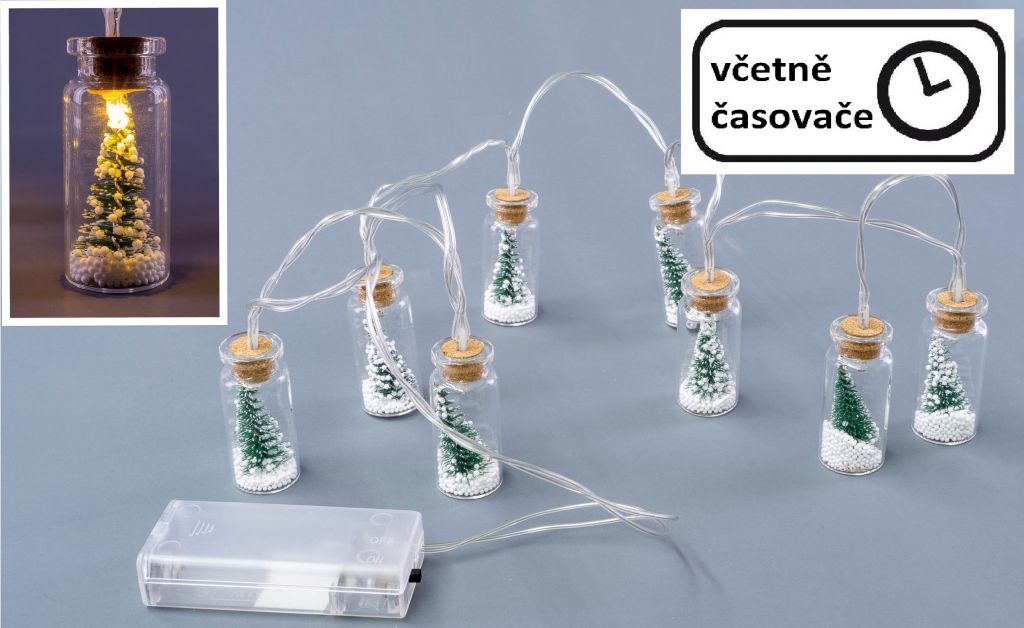 Nexos  Vánoční dekorativní řetěz - 8 LED, mini skleničky se stromky - Kokiskashop.cz