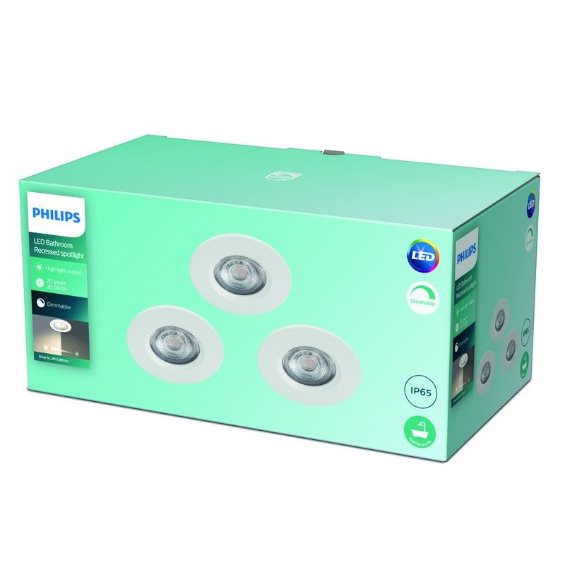 Philips Dive SL261 LED koupelnové zápustné bodové svítidlo 1x5W | 350lm | 2700K | IP65 - set 3 ks, stmívatelné, ochrana EyeComfort, bílá - Dekolamp s.r.o.