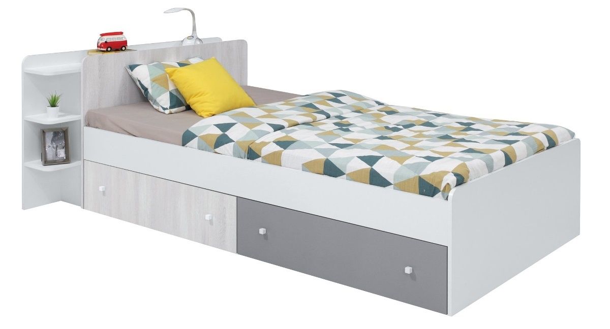 Studentská postel s úložným prostorem Beta 120x200cm - bílá/dub wilton/šedá - Eurokosik.cz