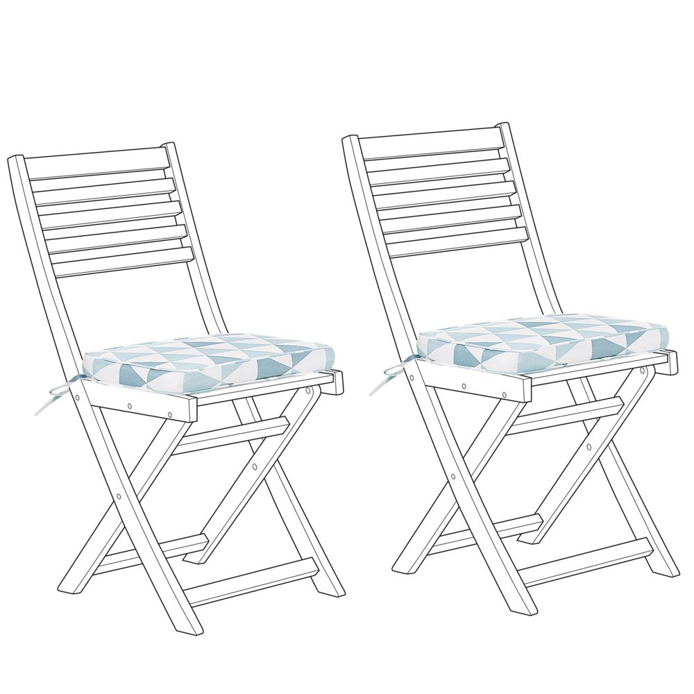 Sada 2 polštářů na zahradní židli v modrých trojúhelnících 29 x 38 x 5 cm FIJI - Beliani.cz
