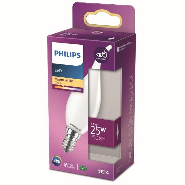Philips 8718699762933 LED žárovka 1x2,2W | E14 | 250lm | 2700K - teplá bílá, matná bílá, EyeComfort - Dekolamp s.r.o.