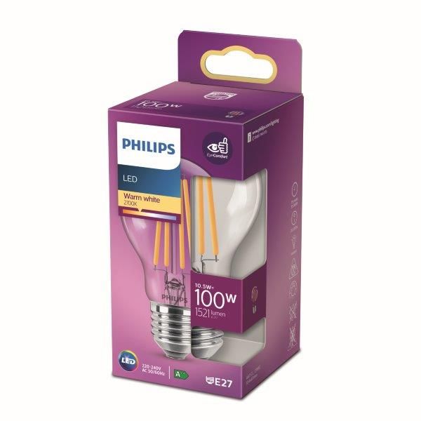 Philips 8718699763015 LED žárovka 1x10,5W | E27 | 1521lm | 2700K - teplá bílá, čirá, EyeComfort - Dekolamp s.r.o.