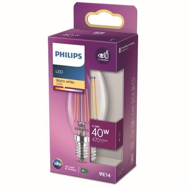 Philips 8718699763077 LED žárovka 1x4,3W | E14 | 470lm | 2700K - teplá bílá, čirá, EyeComfort - Dekolamp s.r.o.