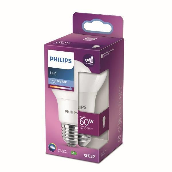 Philips 8718699769321 LED žárovka 1x7,5W | E27 | 806lm | 6500K - studené denní světlo, matná bílá, EyeComfort - Dekolamp s.r.o.