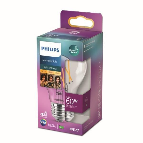 Philips 8718699772130 LED žárovka 1x7,5/3/1,6W | E27 | 806lm | 2200K-2500-2700K - 3 světelné módy, čirá, Eyecomfort - Dekolamp s.r.o.