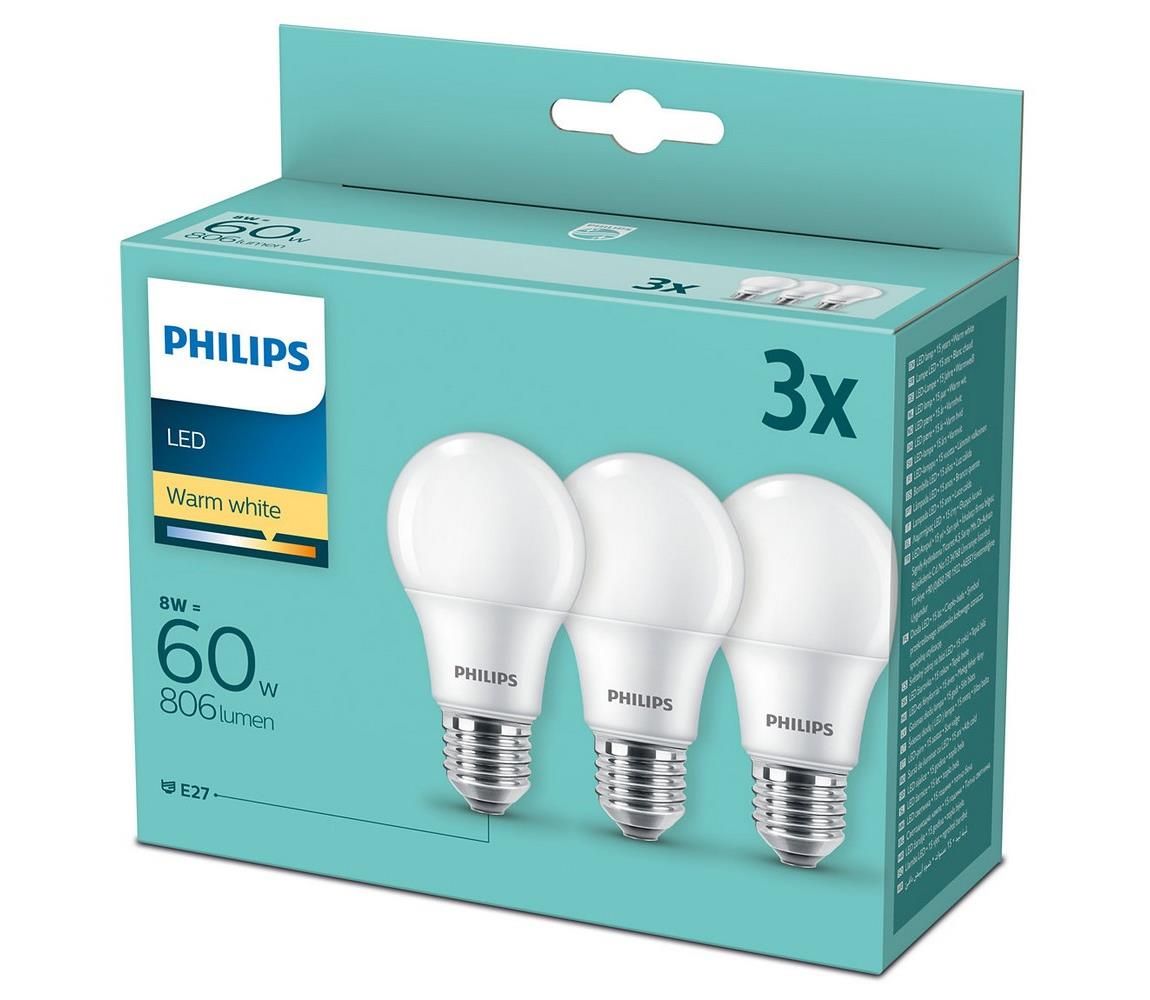Philips SADA 3x LED Žárovka Philips A60 E27/8W/230V 2700K  -  Svět-svítidel.cz