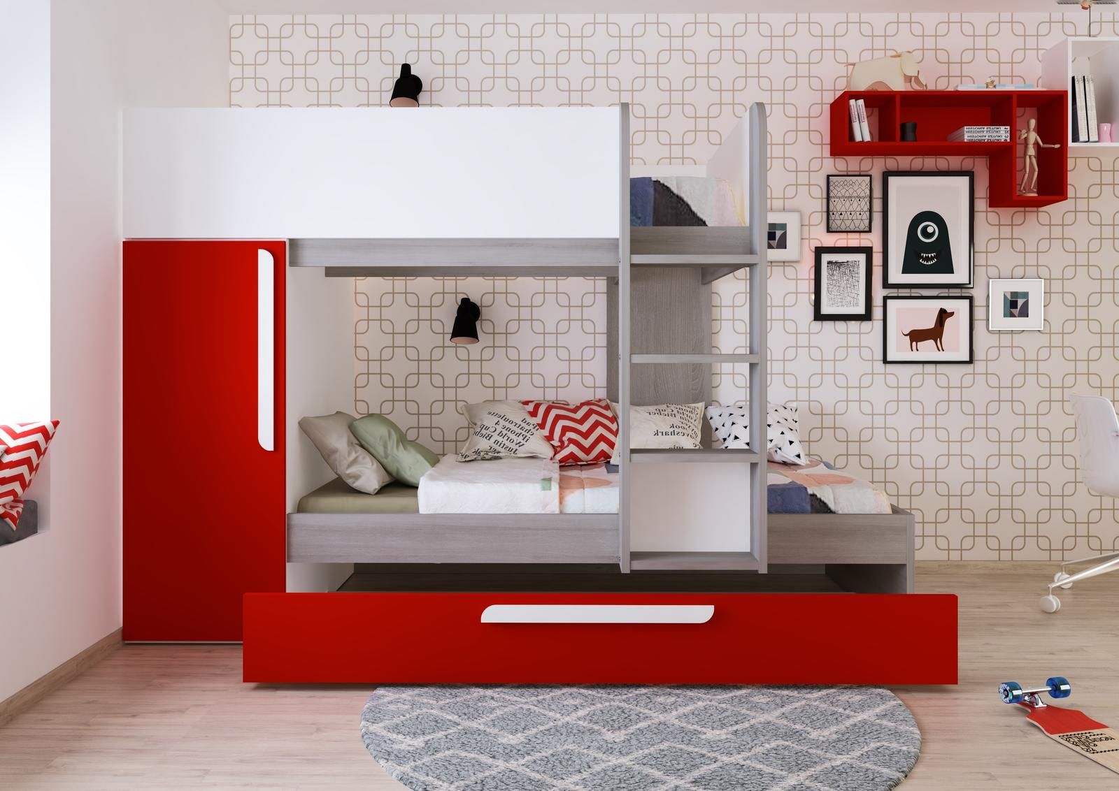 Aldo Patrová postel pro tři děti Bo7 - red, white, molina oak - Nábytek ALDO