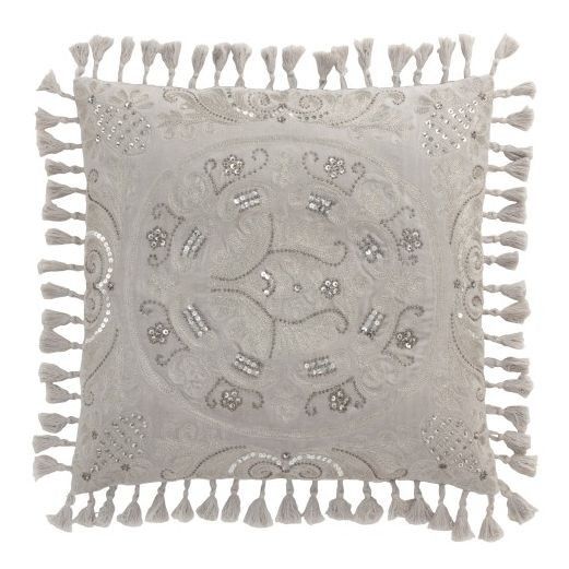 Sametový šedý polštář Moroccan s třásněmi - 45*45 cm J-Line by Jolipa - LaHome - vintage dekorace