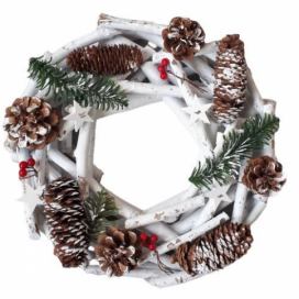 Bílý dřevěný vánoční věnec se šiškami - Ø 30*8 cm Ostatní