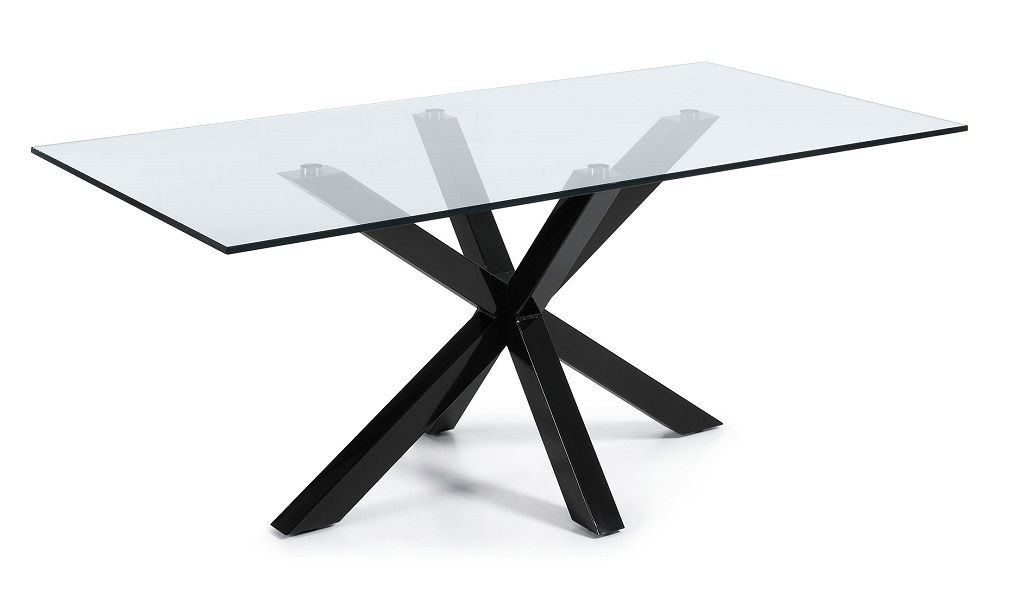 Skleněný jídelní stůl Kave Home Argo 200 x 100 cm s černou kovovou podnoží - Designovynabytek.cz