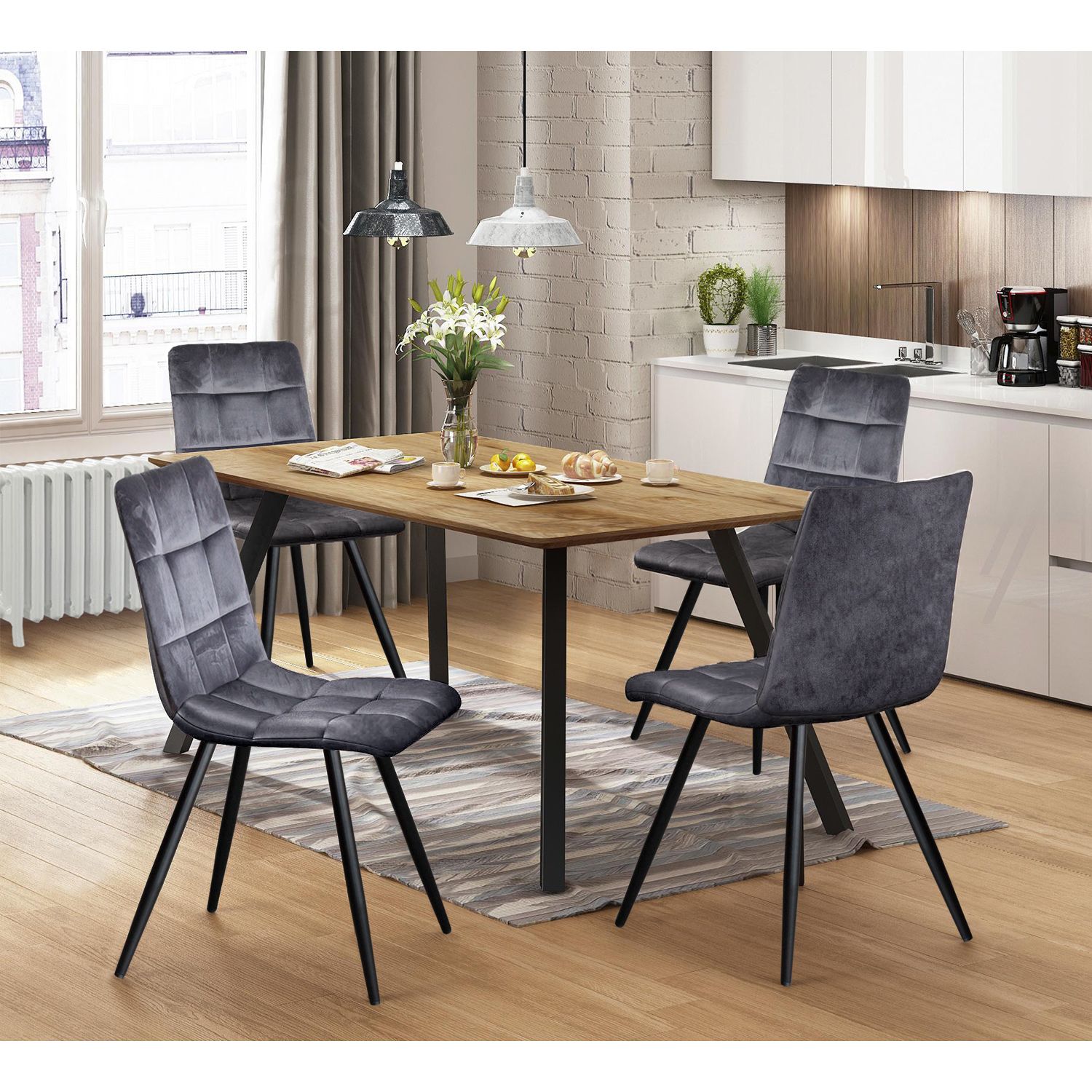 Jídelní stůl BERGEN dub + 4 židle BERGEN šedý samet - IDEA nábytek