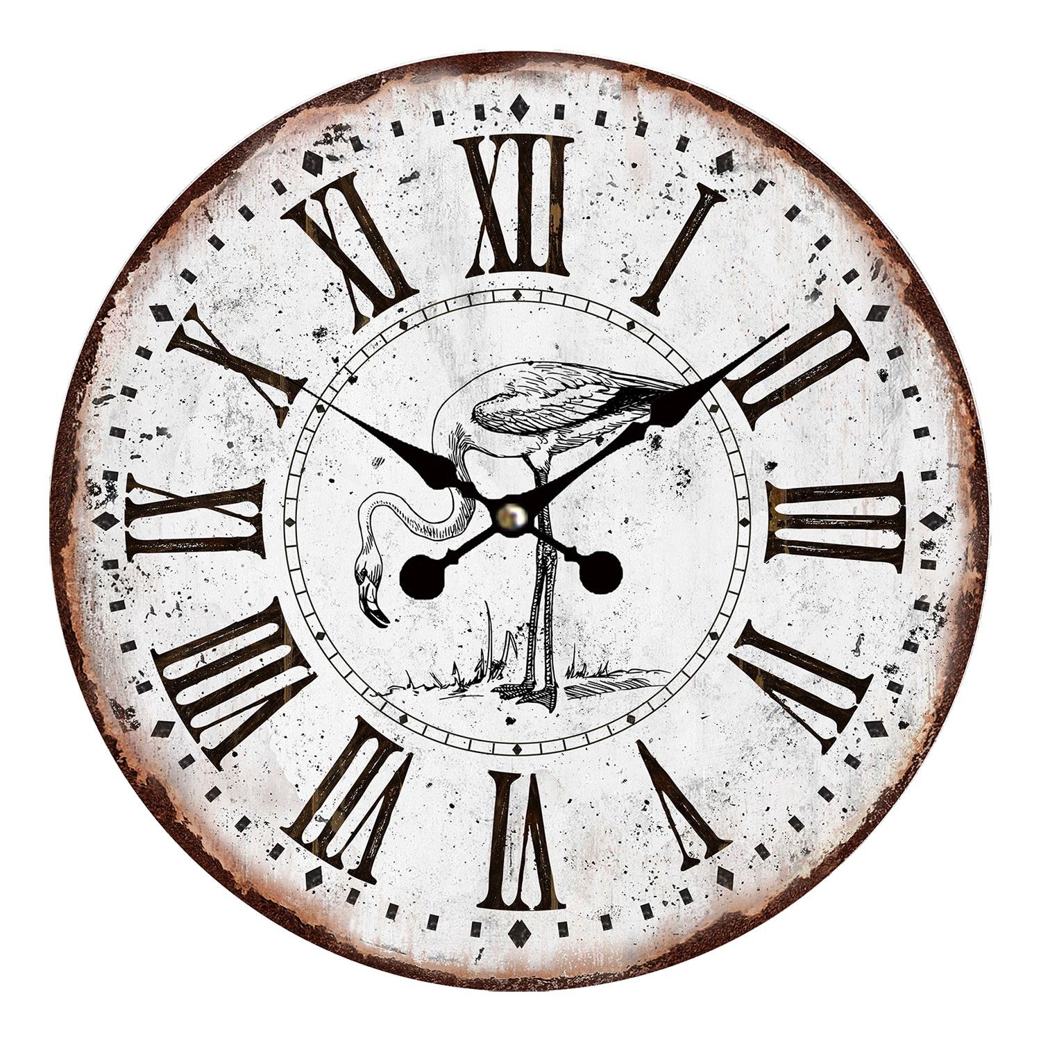Vintage hodiny s římskými číslicemi a plameňákem – Ø 34*1 cm / 1*AA Clayre & Eef - LaHome - vintage dekorace