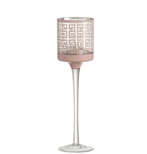 Růžový skleněný svícen na nožičce s ornamenty - Ø 7*25cm J-Line by Jolipa - LaHome - vintage dekorace