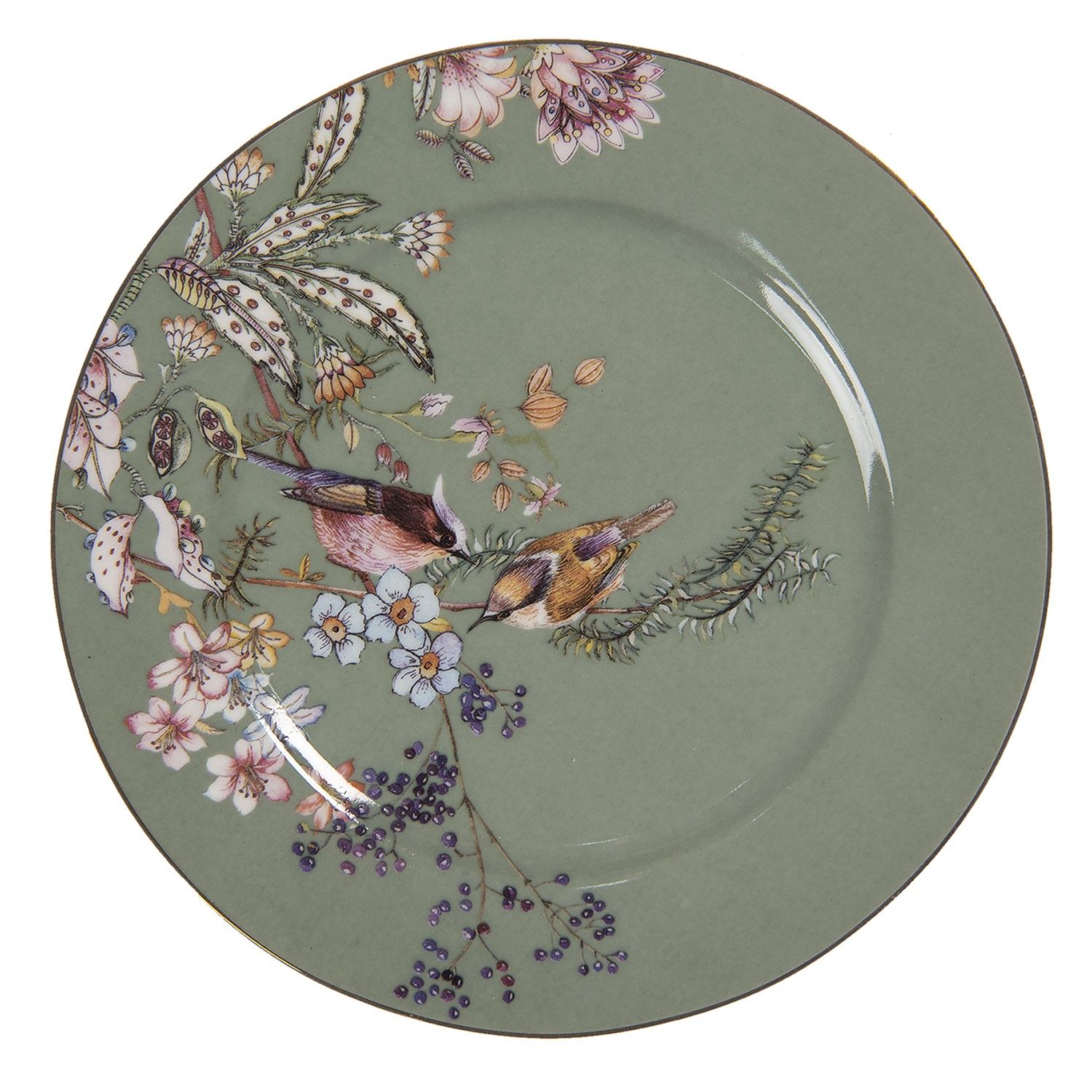 Zelený dezertní talířek s ptáčky Vivi - Ø 15*1 cm Clayre & Eef - LaHome - vintage dekorace