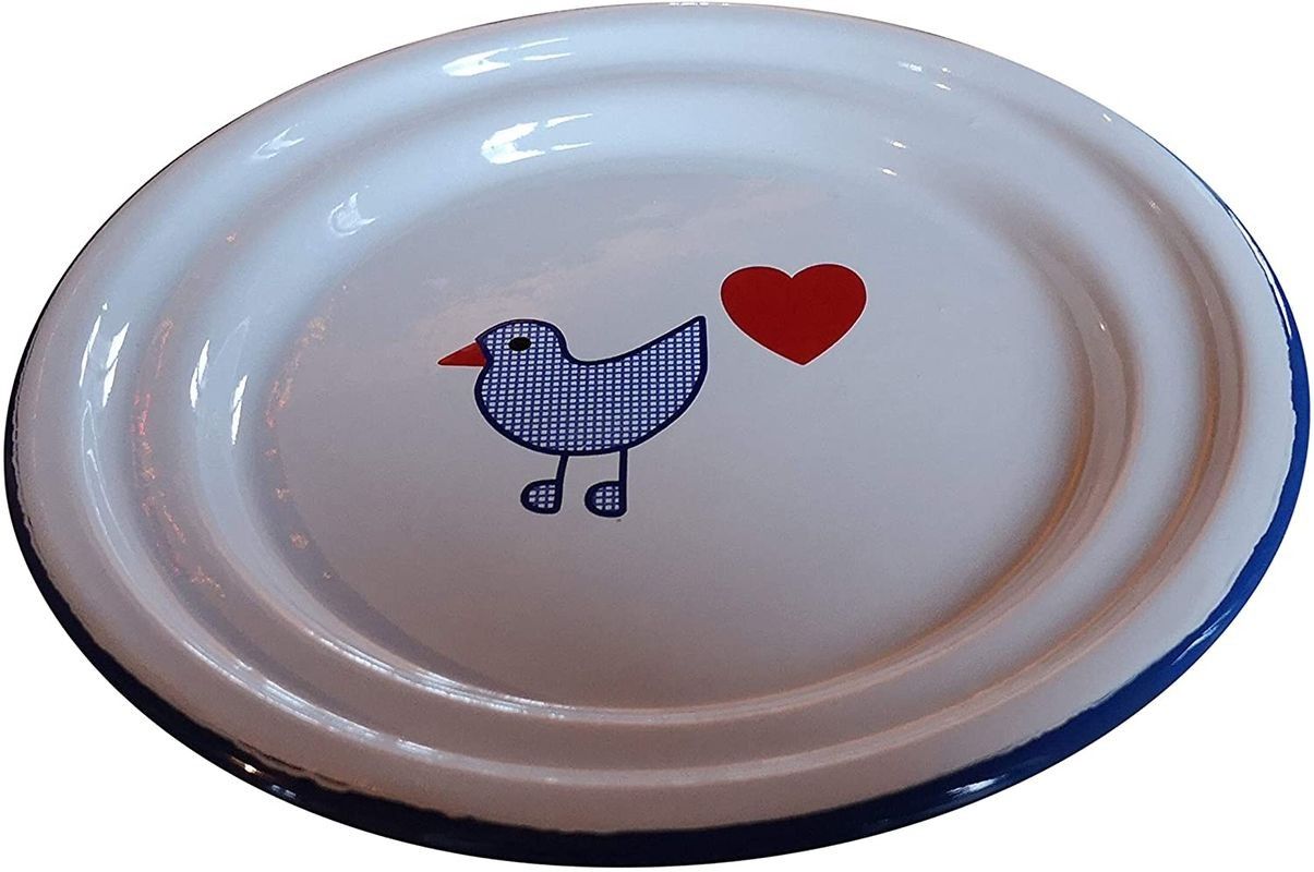 Bílý smaltovaný dezertní talířek s ptáčkem Vogel - Ø 18cm  Münder Email - LaHome - vintage dekorace