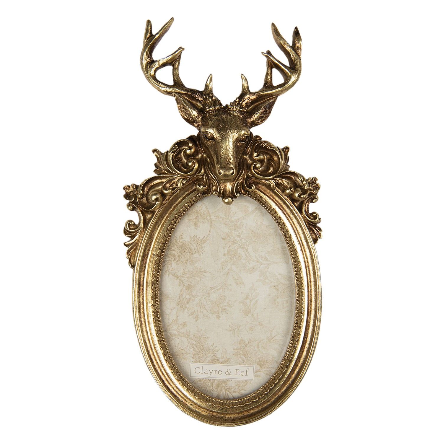 Zlatý oválný fotorámeček s jelenem - 13*3*28 cm / 10*15 cm Clayre & Eef - LaHome - vintage dekorace