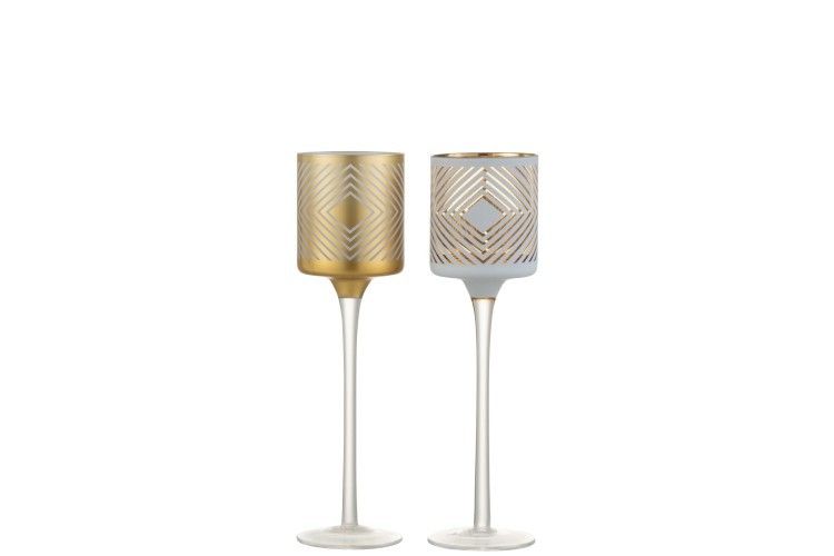 Skleněné svícny Rhombus šedý a zlatý na čajovou svíčku  na nožičkach  - 7*7*25 cm J-Line by Jolipa - LaHome - vintage dekorace