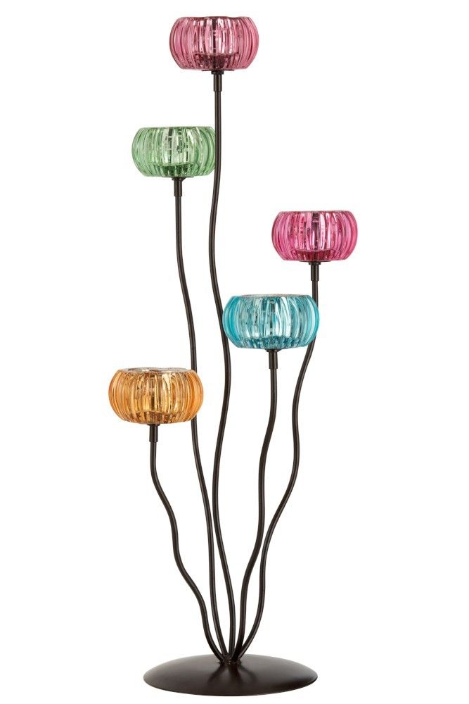 Kovový svícen na čajovou svíčku se skleněnými barevnými miskami - 30*30*60 cm J-Line by Jolipa - LaHome - vintage dekorace
