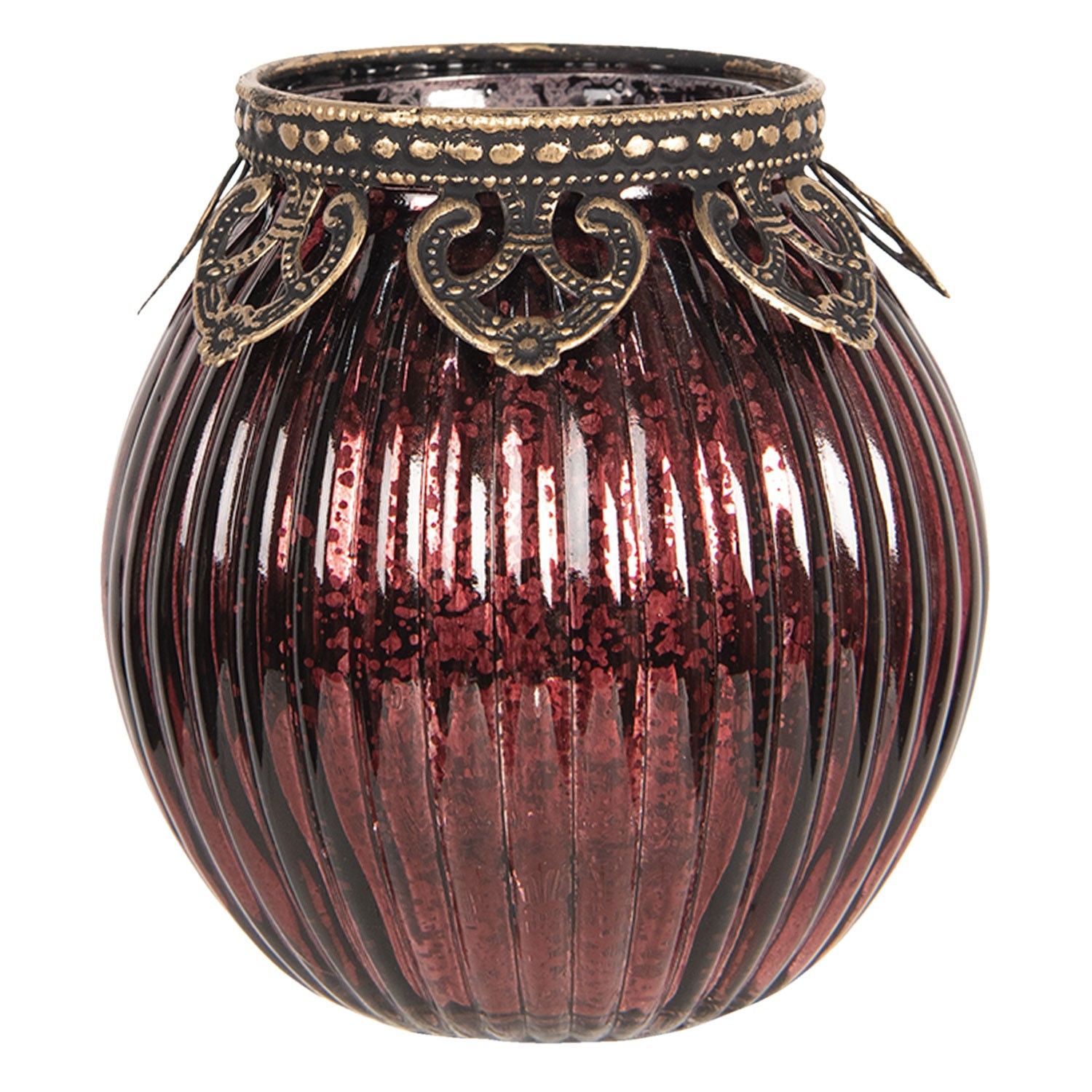Červený skleněný svícen na čajovou svíčku s kovovým zdobením - Ø  9*9 cm Clayre & Eef - LaHome - vintage dekorace