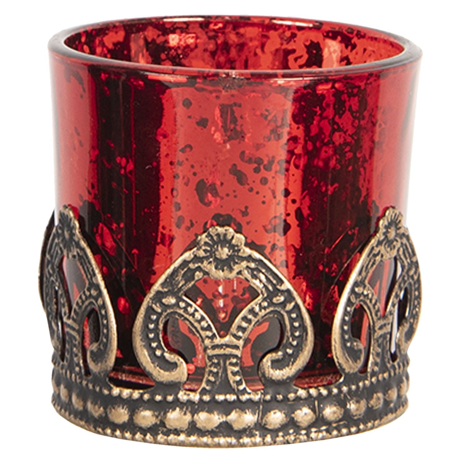 Červený skleněný svícen na čajovou svíčku s kovovým zdobením -Ø  5*5 cm Clayre & Eef - LaHome - vintage dekorace