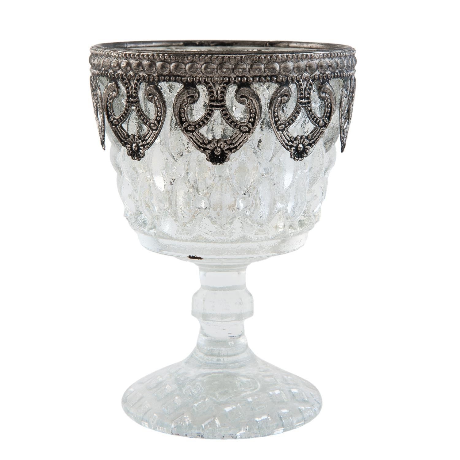 Stříbrný skleněný svícen na noze - Ø 8*11 cm Clayre & Eef - LaHome - vintage dekorace