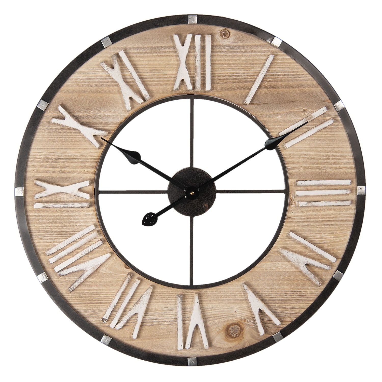 Dřevěno-kovové nástěnné hodiny s římskými číslicemi Flavie – Ø 60*4 cm / 1*AA Clayre & Eef - LaHome - vintage dekorace