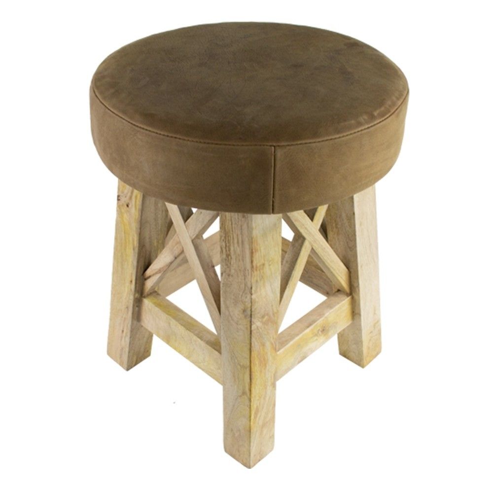 Dřevěná kulatá stolička s koženým sedákem - Ø 35*35cm Mars & More - LaHome - vintage dekorace
