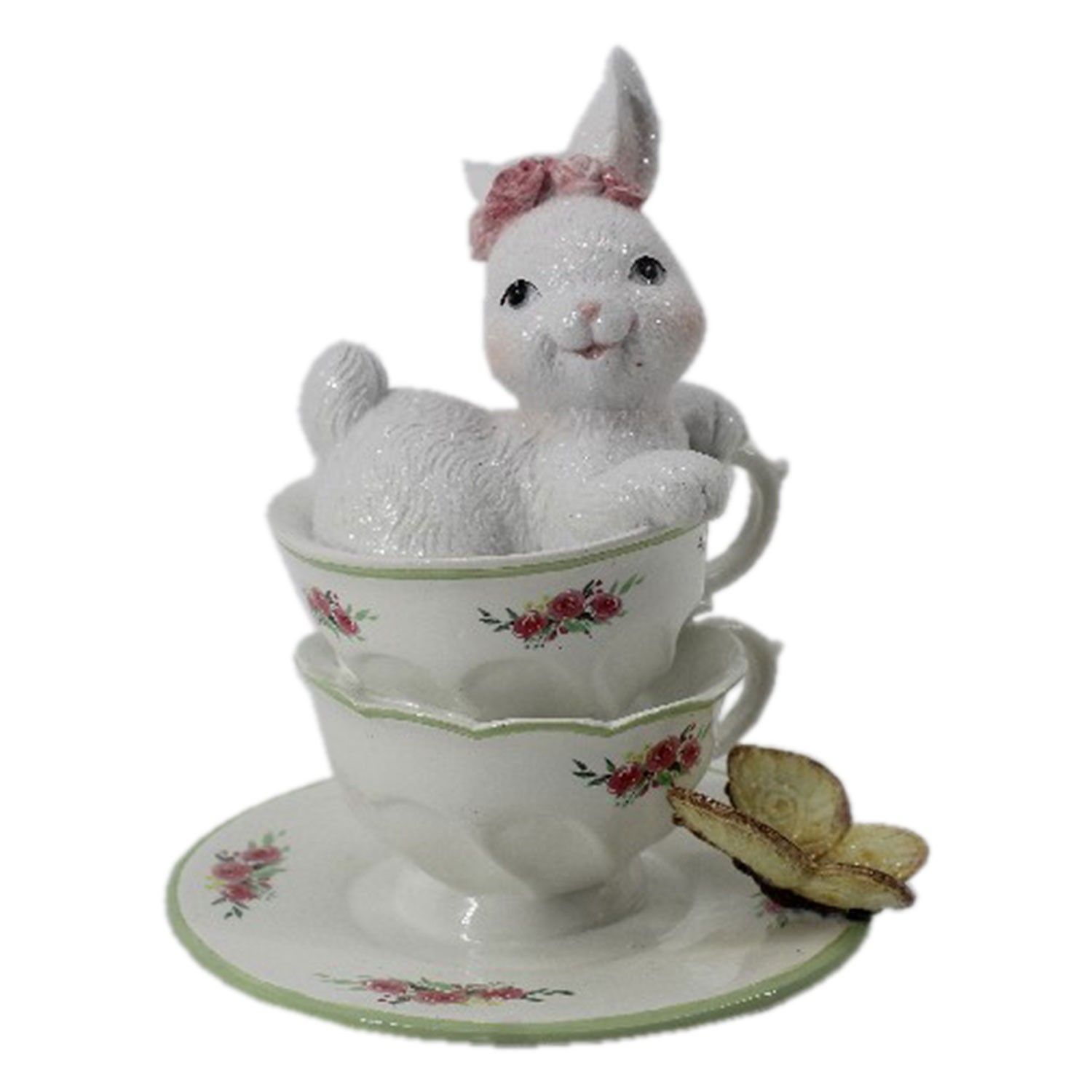 Dekorace bílé králičí slečny v porcelánových šálcích s motýlem - 12*12*15 cm Clayre & Eef - LaHome - vintage dekorace