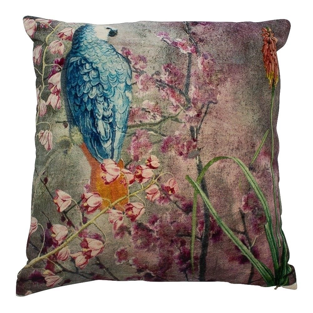 Modro- růžový sametový polštář okouzlující papoušek  - 45*45*15cm Mars & More - LaHome - vintage dekorace