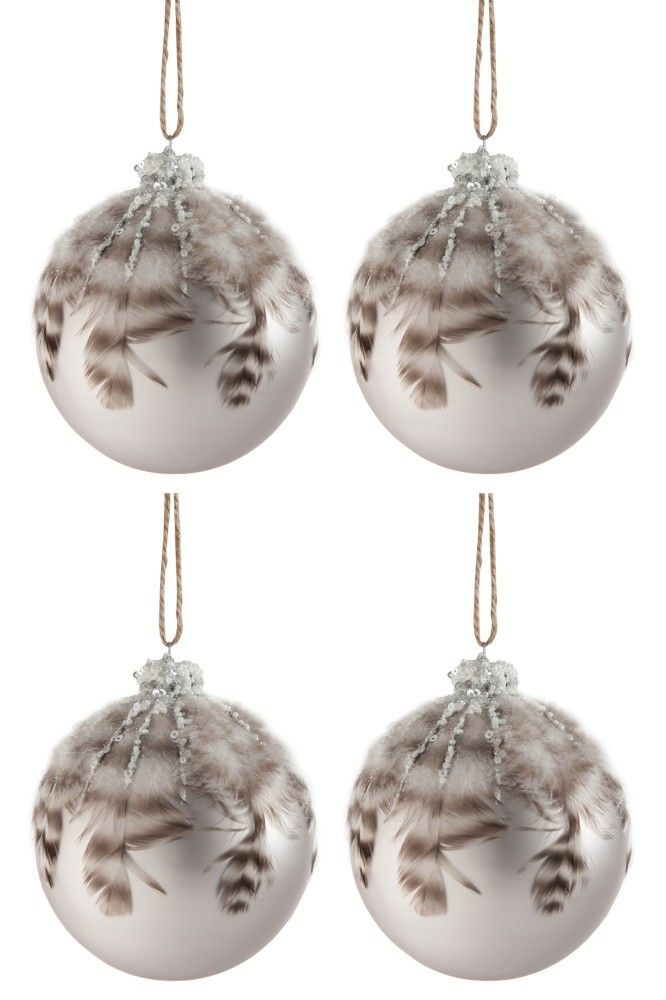 4ks vánoční šedá skleněná ozdoba s peříčky L - Ø 10 cm J-Line by Jolipa - LaHome - vintage dekorace