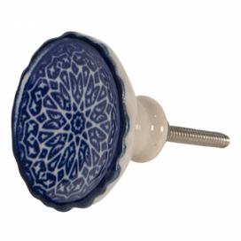 Keramická knopka s modro-bílým květinovým ornamentem – Ø 4*4 cm Clayre & Eef