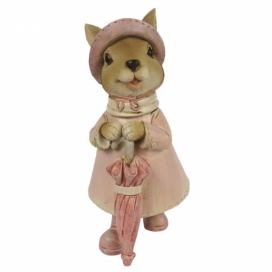 Dekorace králičí slečny v růžovém kabátku s deštníkem - 8*6*14 cm Clayre & Eef